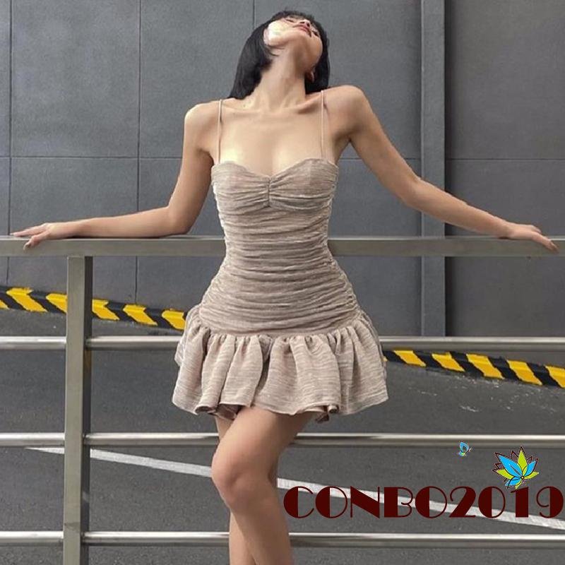 Hgm-đầm Hai Dây Màu Trơn Hở Lưng Thời Trang Mùa Hè Cho Nữ Size S / M / L