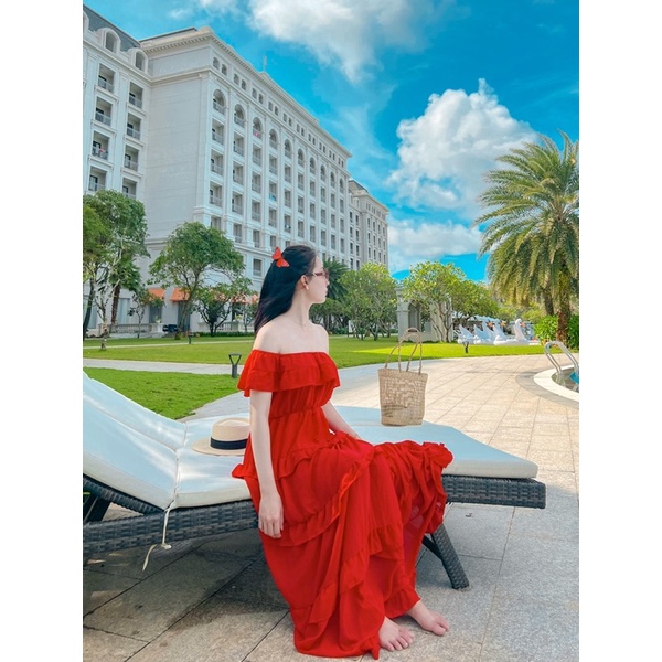 ❌Sale xã kho❌ chủ Đầm maxi trễ vai 5 tầng nhún thun eo đi biển du lịch 3 màu