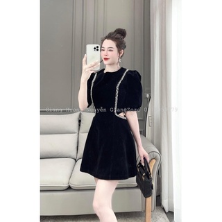 Vn897 - váy nhung đen phối viền tay bồng khoét eo