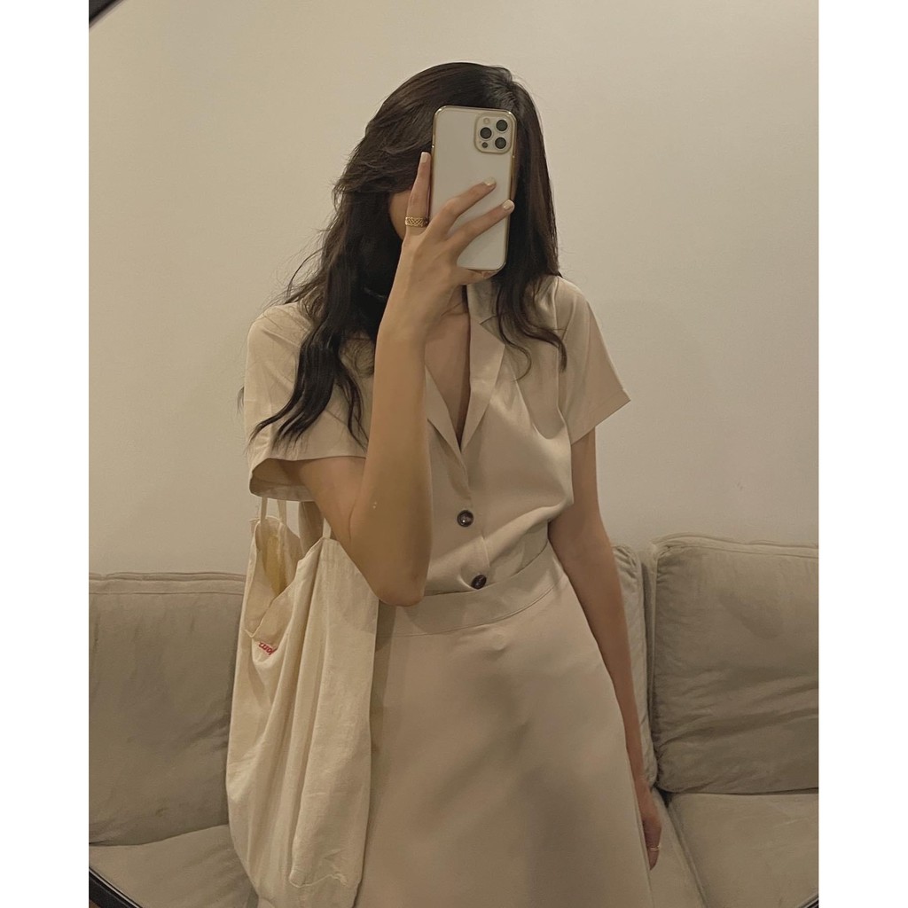 Set áo vest cổ V với chân váy tiểu thư siêu hot