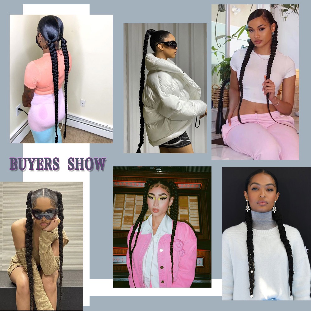 Tóc Giả Thắt Bím Đuôi Ngựa Bằng Sợi Tổng Hợp Co Giãn Màu Đen Phong Cách Hip Hop