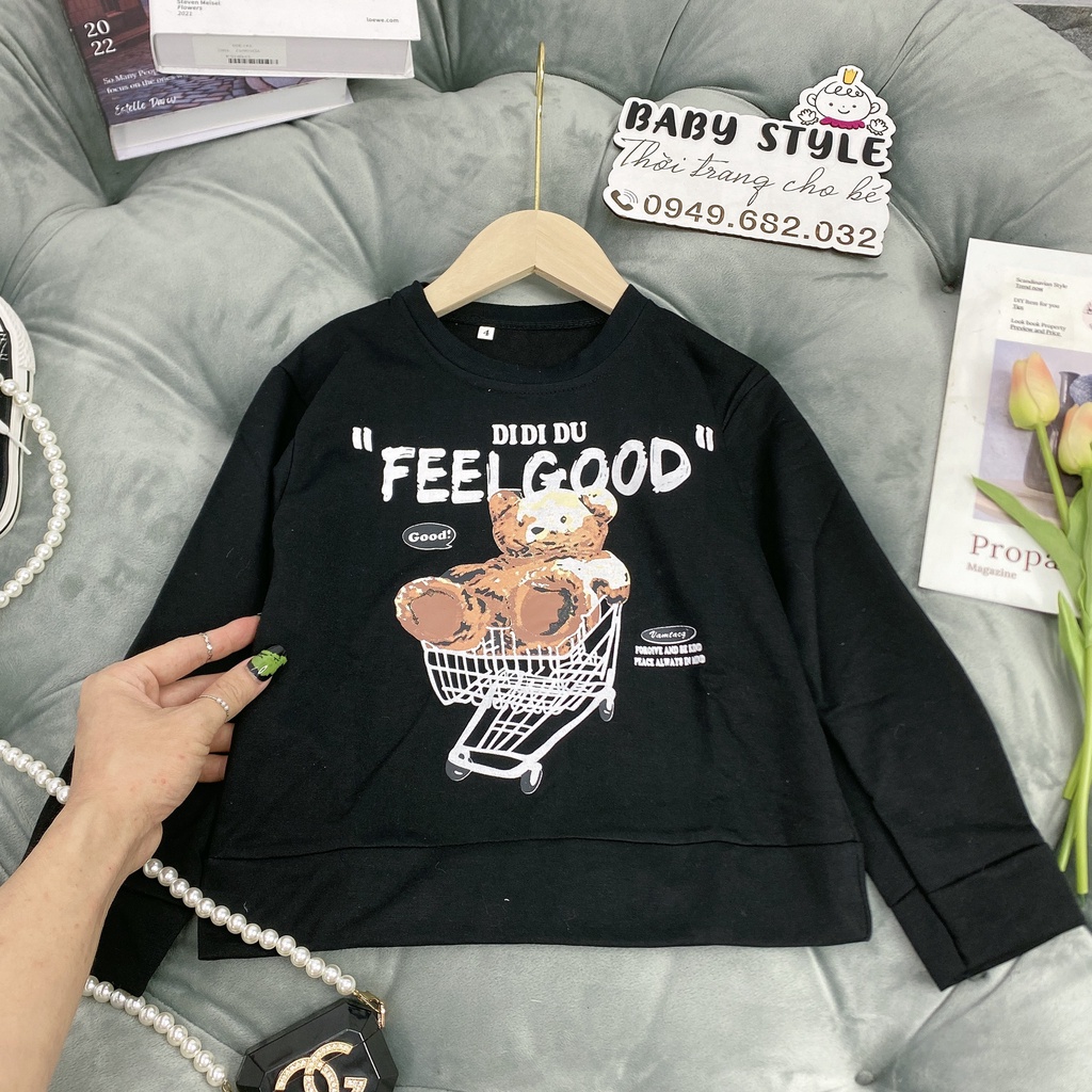 Áo sweater &quot;FEEL GOOD&quot; 14-45kg cho bé trai, bé gái 4-15 tuổi. Vải nỉ da cá thu đông co giãn, dày dặn. B37