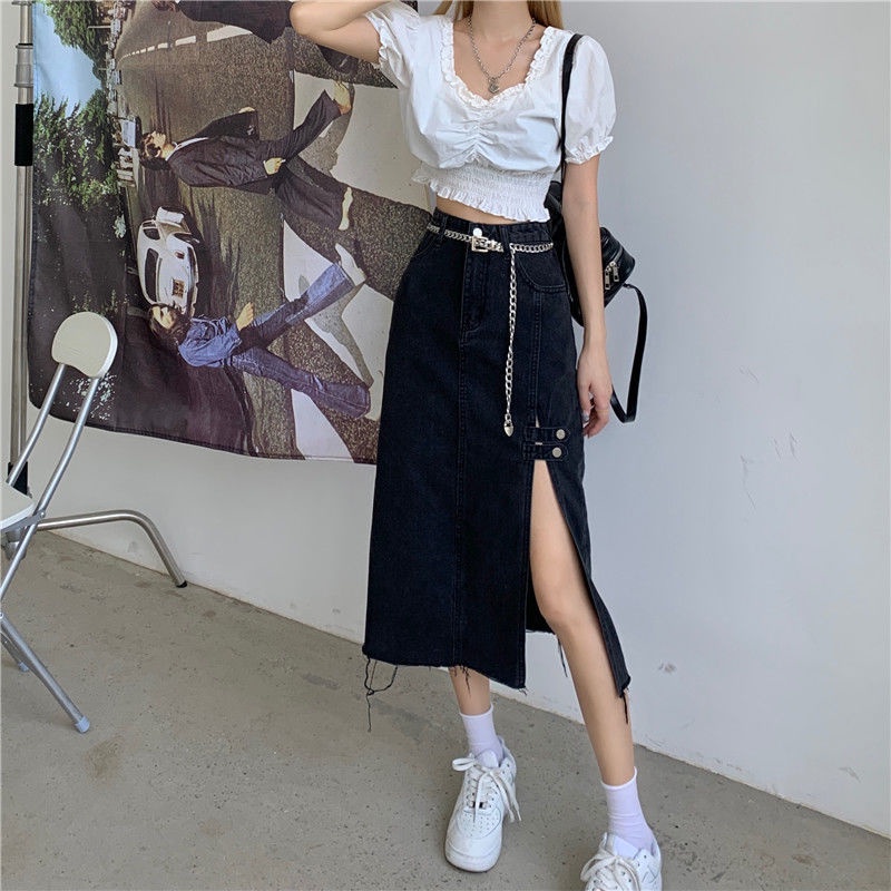 Chân váy IELGY denim lưng cao xẻ tà có size lớn thời trang cho nữ