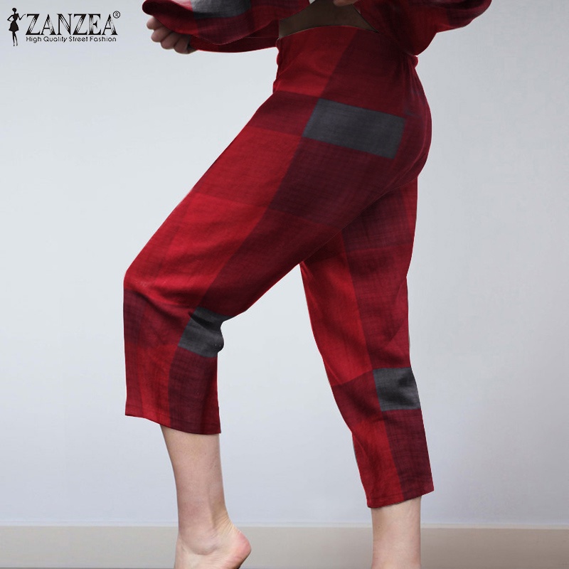 Set bộ ZANZEA gồm áo cổ lọ họa tiết sọc caro + quần ống rộng lưng thun thời trang Châu Âu cho nữ