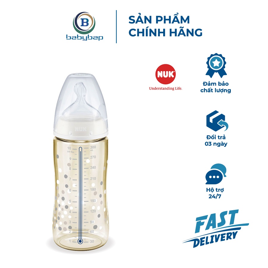 Bình Sữa Cảm Biến Nhiệt NUK PPSU 150ml/300ml Núm Ti Dẹt Chỉnh Nha Độc Quyền Của NUK