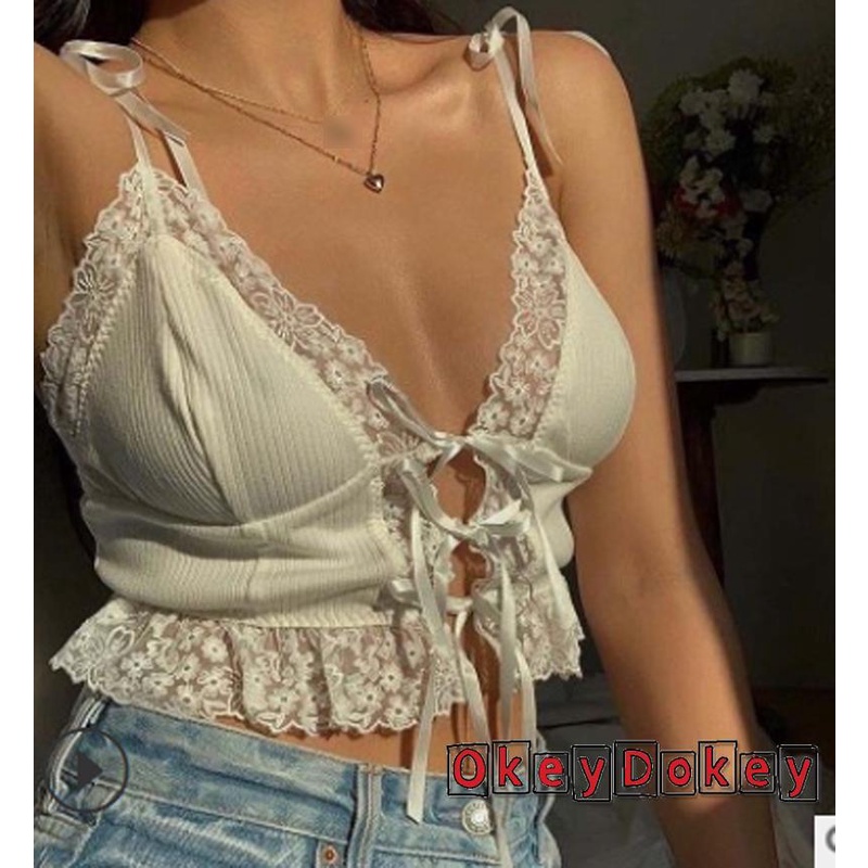 OKDK-Women’s Fashion Camisole Sexy Lace Stitching V-neck Bandage Exposed Navel Top