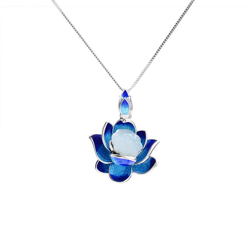 Cloisonne Vòng cổ Mặt Hoa Sen Đá Ngọc Bích Trắng Phong Cách retro