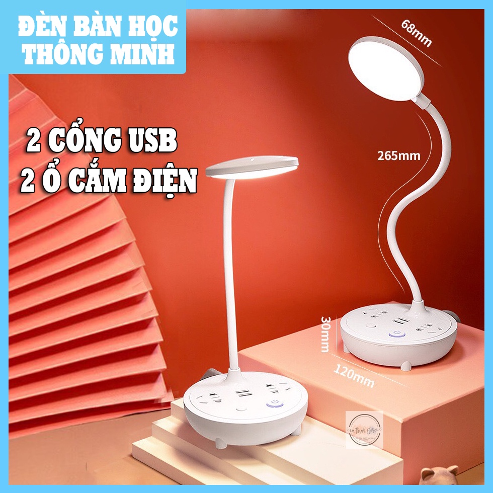 Đèn bàn học, đèn ngủ thông minh kết hợp ổ cắm điện và cổng USB