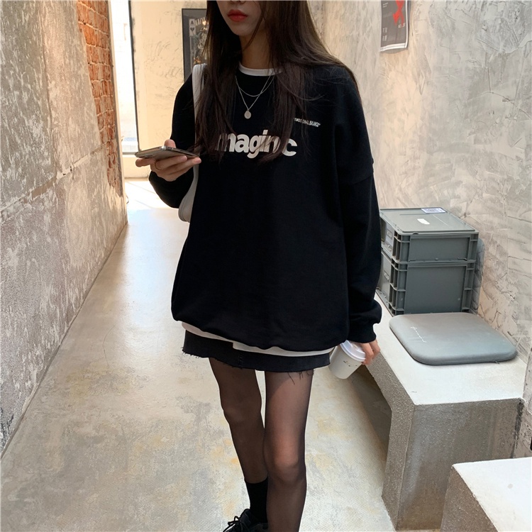 Porozi Áo sweater  cổ tròn in chữ phong cách Hàn Quốc dành cho nữ