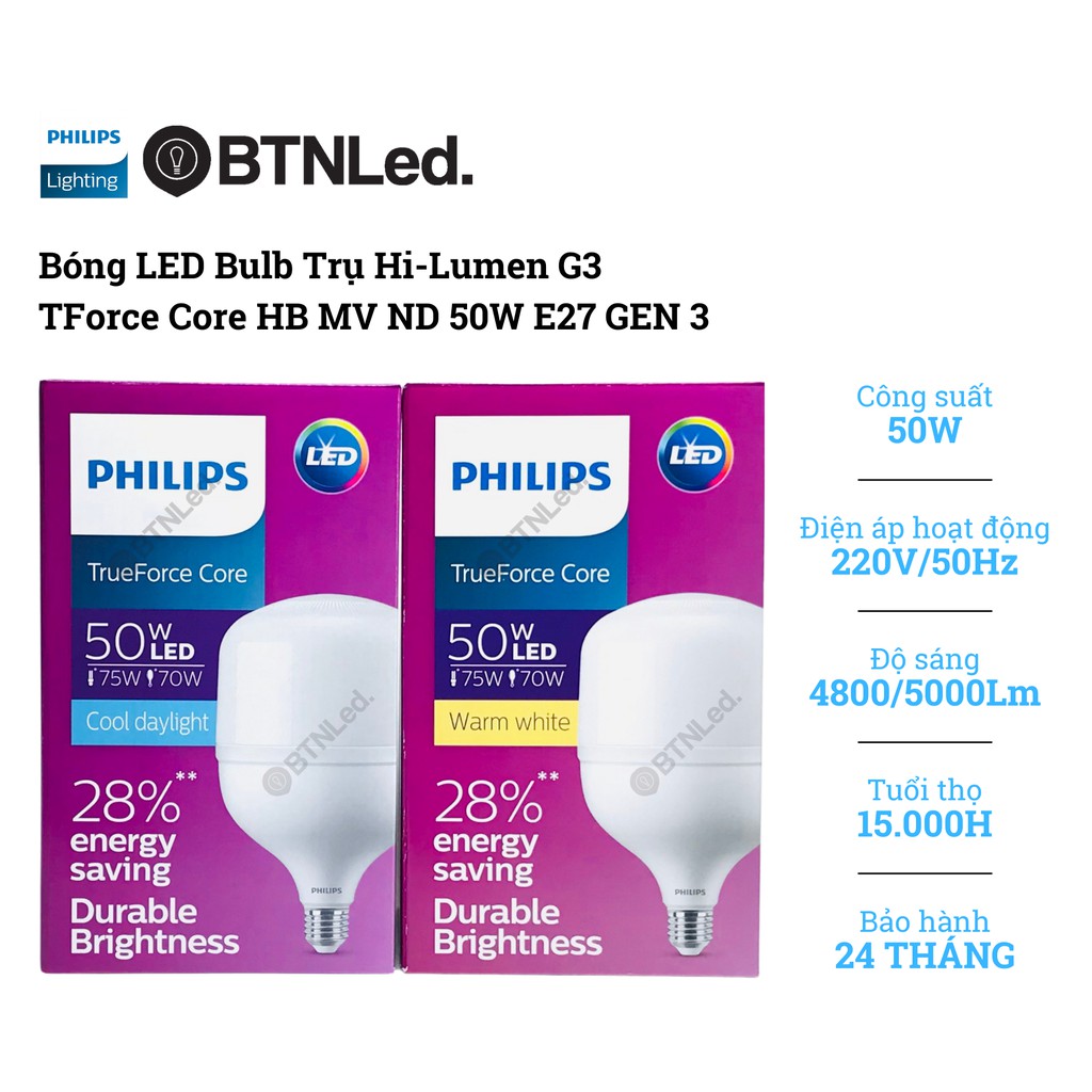 Bóng PHILIPS LED Bulb trụ 50W E27 - [HÀNG CHÍNH HÃNG] - Tiết kiệm điện, chất lượng ánh sáng cao