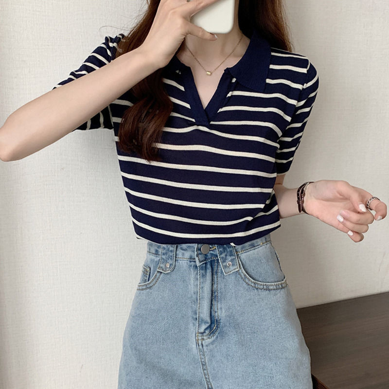 áo polo Nữ Tay Ngắn Họa Tiết Sọc Phong Cách Hàn Quốc