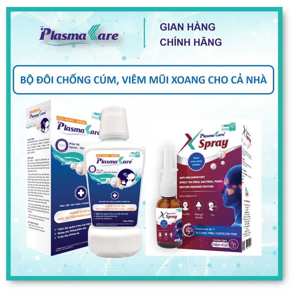 Combo 01 súc miệng họng PlasmaKare và 01 xịt mũi xoang PlasmaKare X-spray toàn diện cho cúm, VlÊM XOANG, VlÊM mũi dị ứng