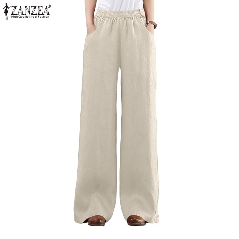 Quần ZANZEA cotton eo co giãn màu trơn ống rộng thời trang đơn giản thanh lịch cho nữ