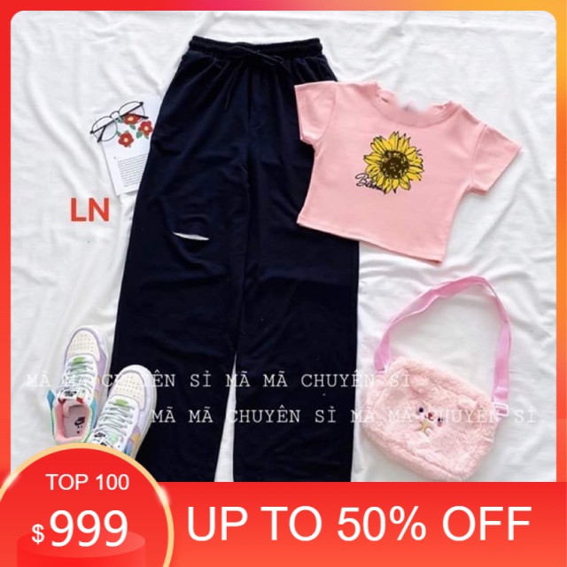 Sét áo croptop hoa cúc vàng + quần rộng rách đen LN12 , Áo thun nam nữ, quần kaki, quần nữ, sét bộ mặc ở nhà MODY