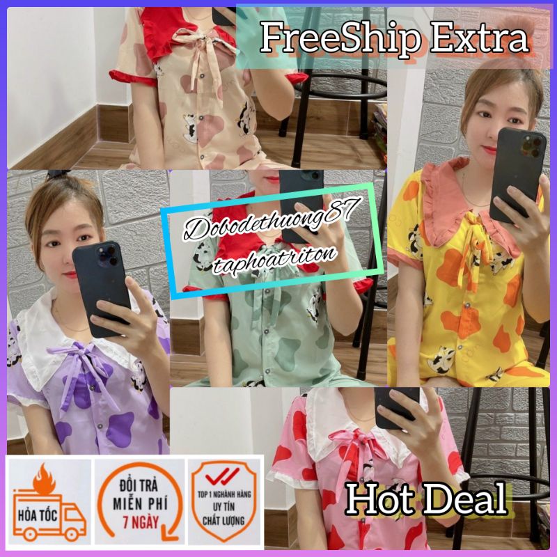 Set / Đồ Bộ Mặc Nhà Nữ / Đồ Ngủ Nữ Trend BòSữa SiêuCute M16 Tay ngắn Quần lửng Lụa satin mềm mịn, thoáng mát