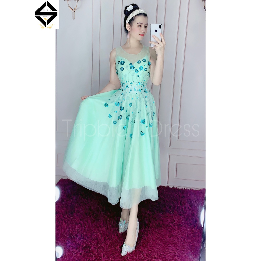 Đầm dự tiệc sát nách kết hoạ tiết cườm sang trọng TRIPBLE T DRESS - size M/L - MS93Y