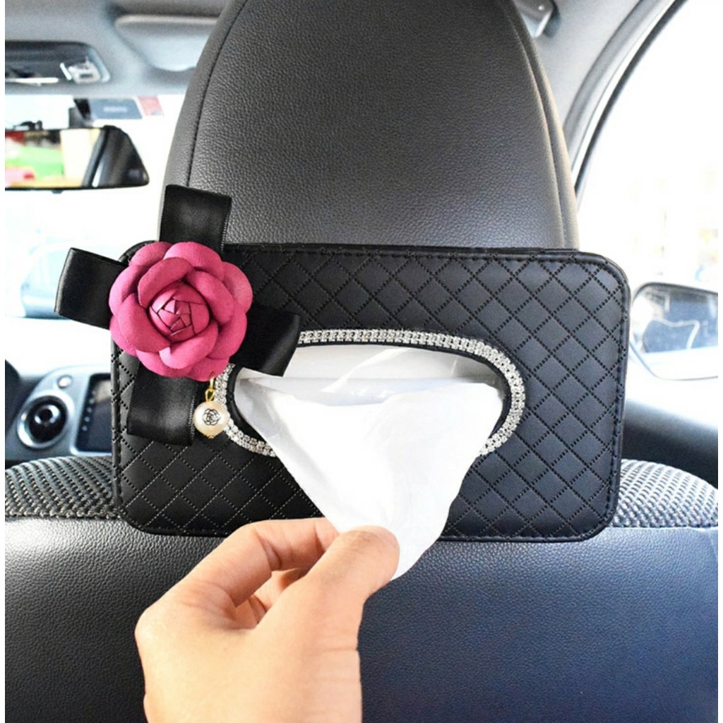 Hộp giấy đính đá hoa trà để taplo, Treo sau ghế ô tô thanh lịch quý phái