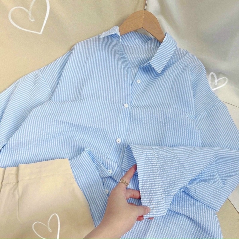 ‼️set sơmi sọc xanh + quần sọt nude