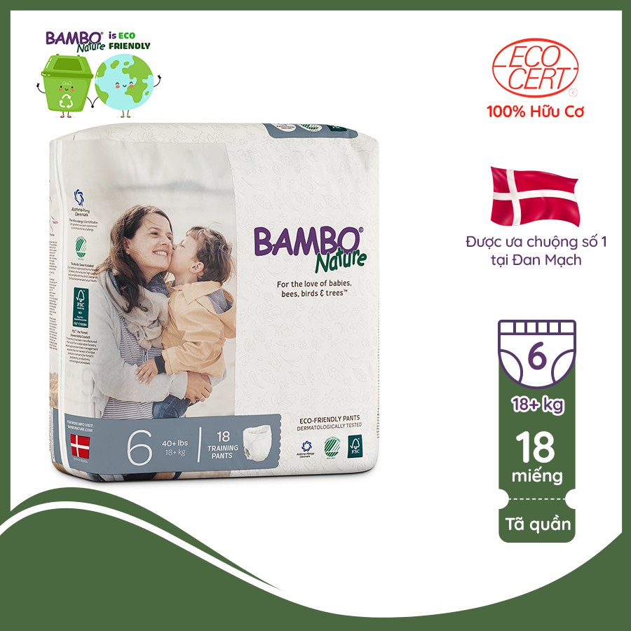 Tã Quần 100% Hữu Cơ Bambo Nature - Nhập Khẩu Đan Mạch - trên 18kg - XXL18 - 18 miếng