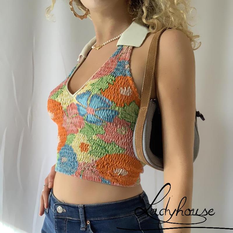 Áo Croptop Hai Dây Cổ Chữ V In Họa Tiết Thời Trang Mùa Hè Cho Nữ