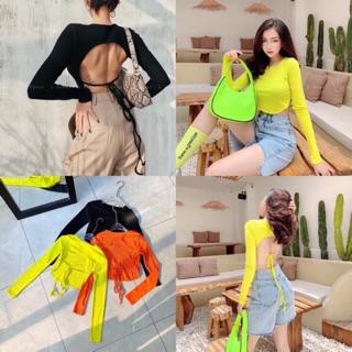 Áo crop body tay dài hở lưng cột dây nơ