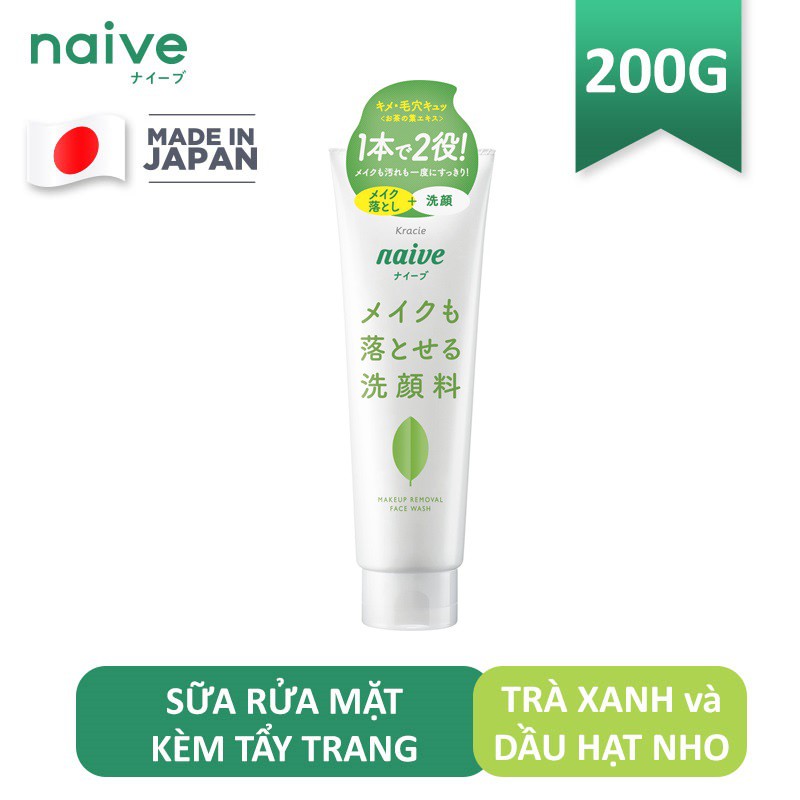 Sữa rửa mặt kèm tẩy trang lá đào/ chanh / trà xanh Naïve 200g chính hãng