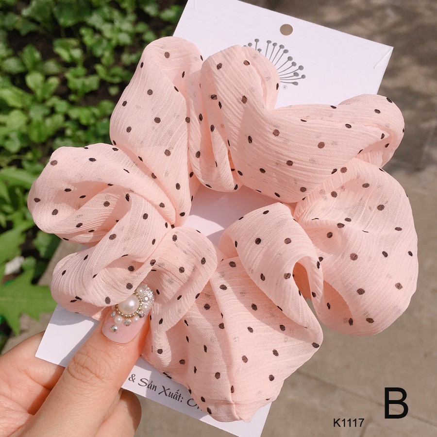 Buộc tóc, cột tóc vải scrunchies chiffon chấm bi siêu đẹp Orin K1117