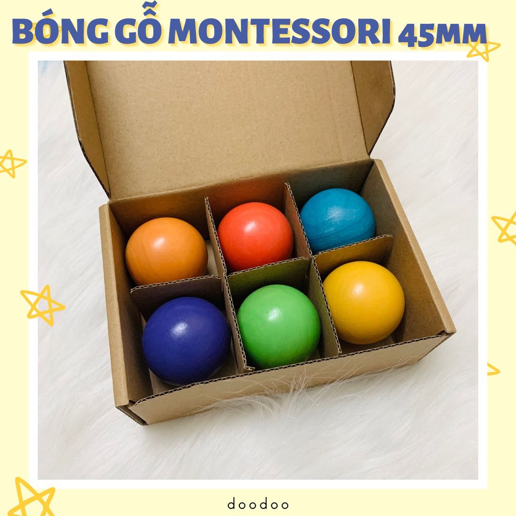 Hộp 6 quả bóng gỗ đường kính 45mm dụng cụ Montessori đồ chơi cho bé