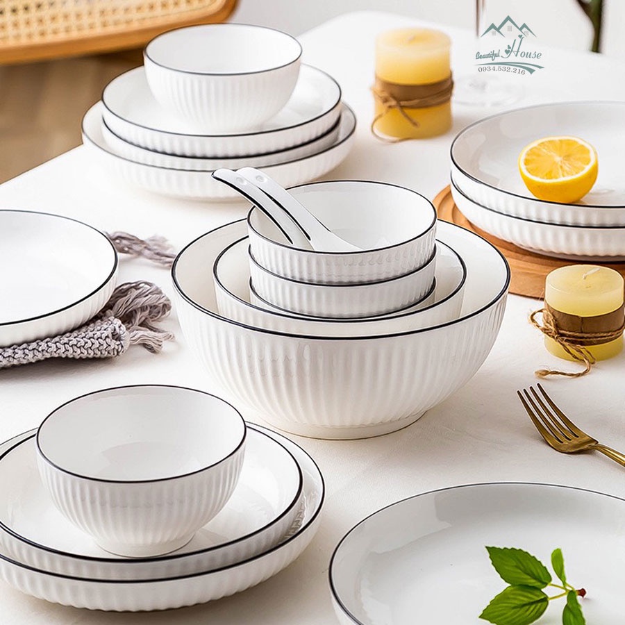 Bộ Bát Đĩa Gốm Sứ Cao Cấp Sứ Trắng Bo Viền - Mẫu 2