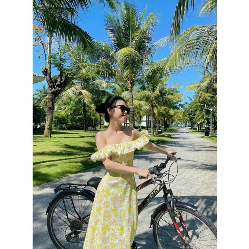 ঔৣ Đầm maxi hoa vàng trễ vai, chất voan tơ 2 lớp, váy hoa vàng bo chun cổ chữ u ঔৣ