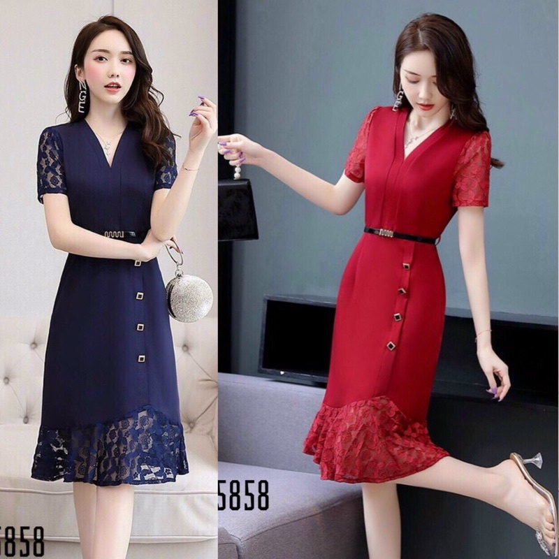 Đầm suông ôm nhẹ phối ren kèm nịt (Free/big size M-2XL)