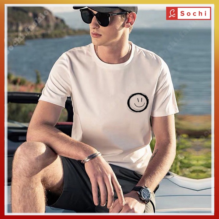 Áo phông nam tay ngắn cổ tròn,áo thun nam cộc tay thoáng mát thời trang in hình mặt cười CZ622