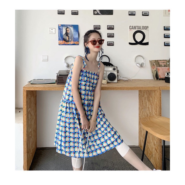 Đầm Hai Dây Dáng Rộng Họa Tiết Sọc Caro Ngọt Ngào Cho Nữ