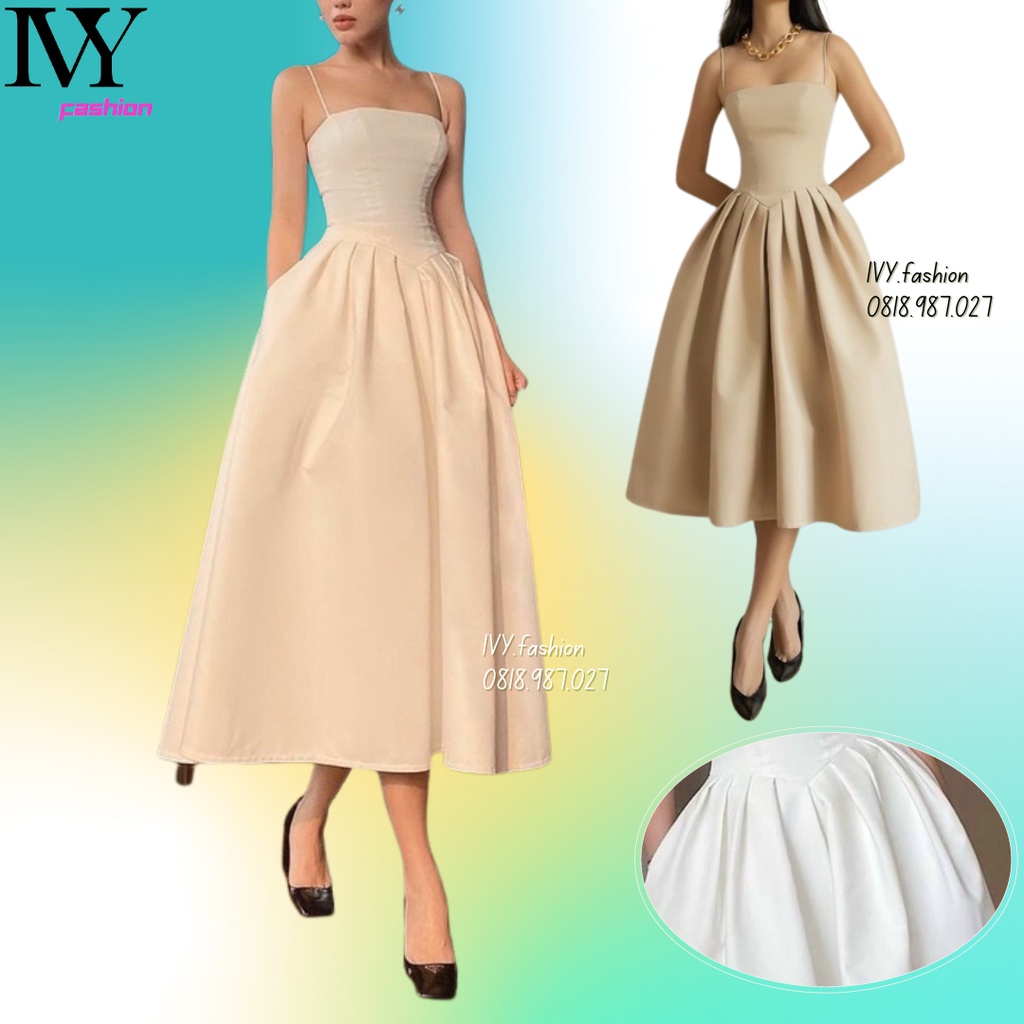 Đầm hai dây thiết kế 🔥phi lụa🔥 xòe dài 2 dây cúp ngực xếp ly kem trắng ivy.fashion đi biển dự tiệc dạo phố bigsize