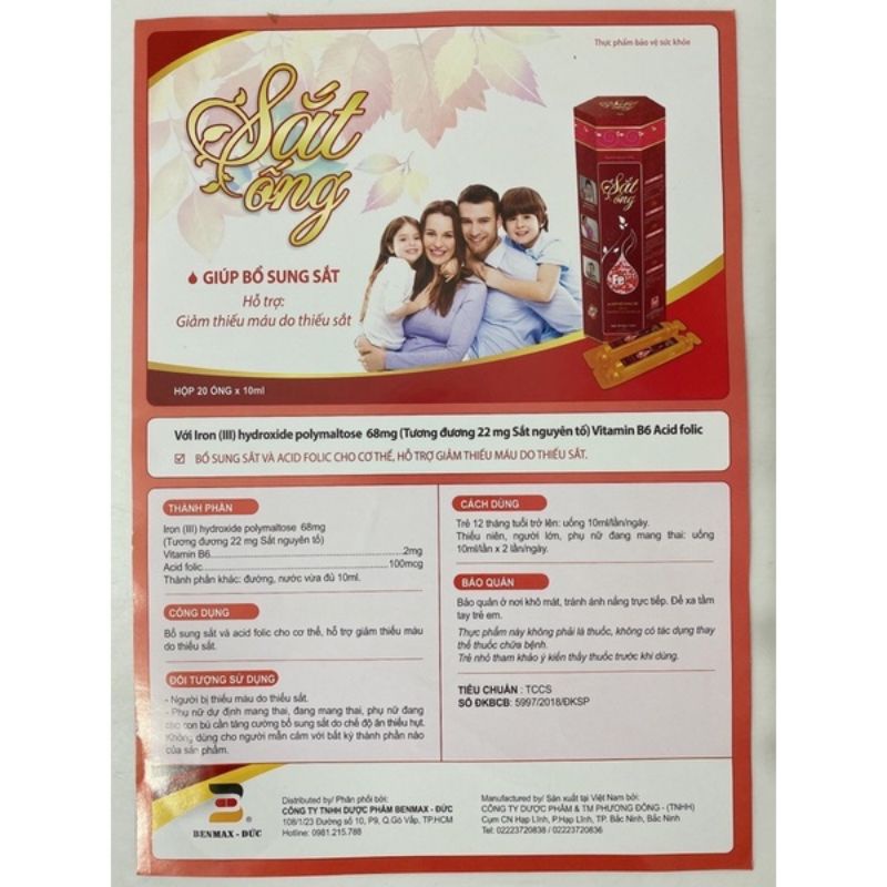 Sắt ống Benmax hộp 20 ống, bổ sung sắt hữu cơ hỗ trợ giảm thiếu máu do thiếu sắt dùng được cho mọi người