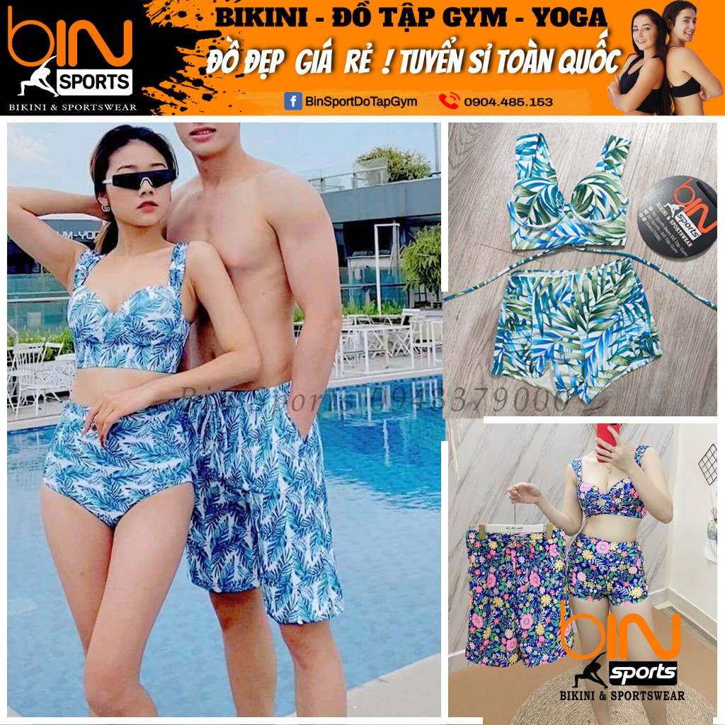 Bikini Nữ 2 Mảnh Quần Đùi Cạp Cao Aó Bra Hoa Lá Đẹp Bin Sports BHV135