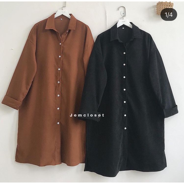 Váy Sơ Mi Suông Dáng Dài JEMCLOSET Dil Chất Liệu Nhung Gân Mịn Mát 2 Màu Nâu & Đen - 3311 Phong Cách  Hàn Quốc
