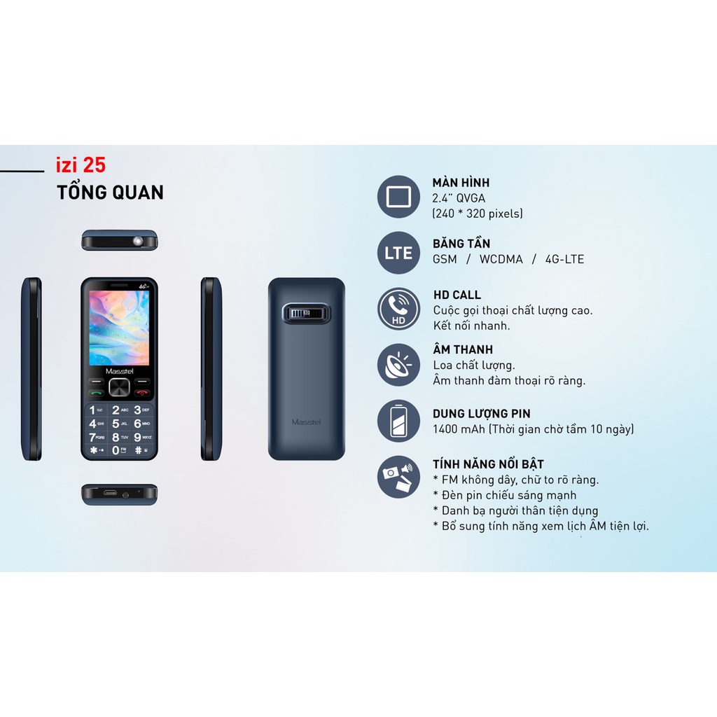 Điện thoại Masstel iZI 25 4G , Phím bấm to,Màn hình lớn - Hàng chính hãng