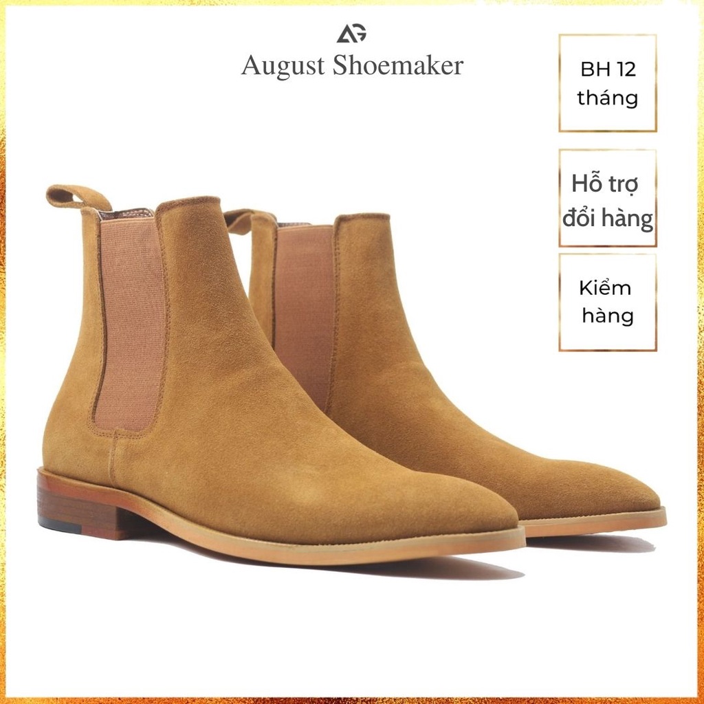 Giày Chelsea boots nam da lộn nâu, giày da cao cấp da bò nhập khẩu handmade August shoes AG1V1 bảo hành 12 tháng