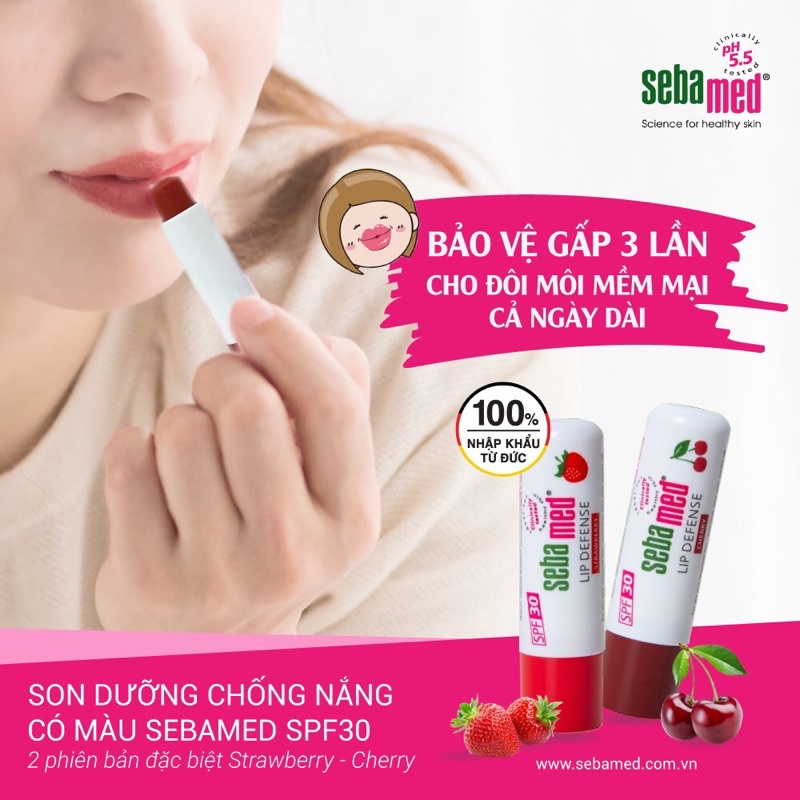 Son dưỡng môi Sebamed pH5.5 4,8g bảo vệ, chống khô môi, nứt môi, chống nắng SPF 30, có màu nhẹ, hương dâu, hương cherry