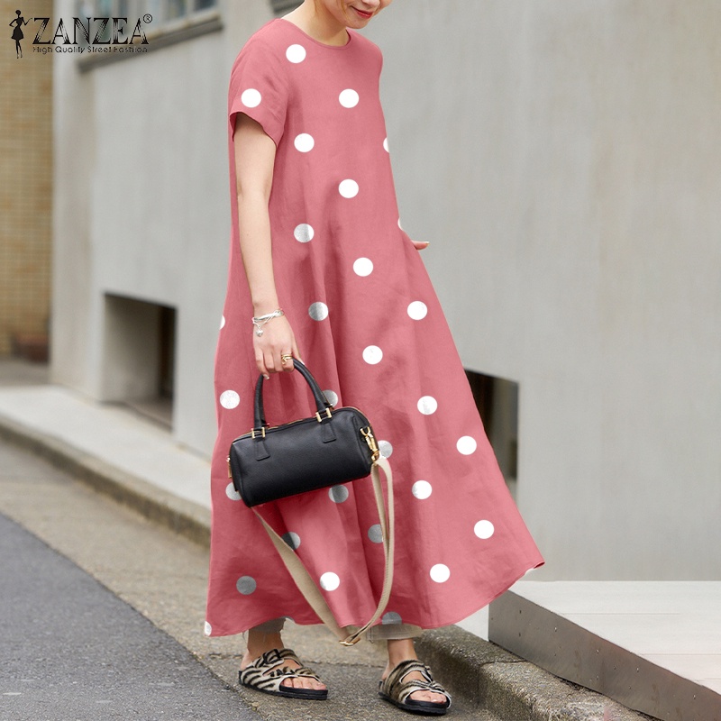 ZANZEA Đầm Ngắn Tay Cổ Tròn Họa Tiết Chấm Bi Thời Trang Dành Cho Nữ