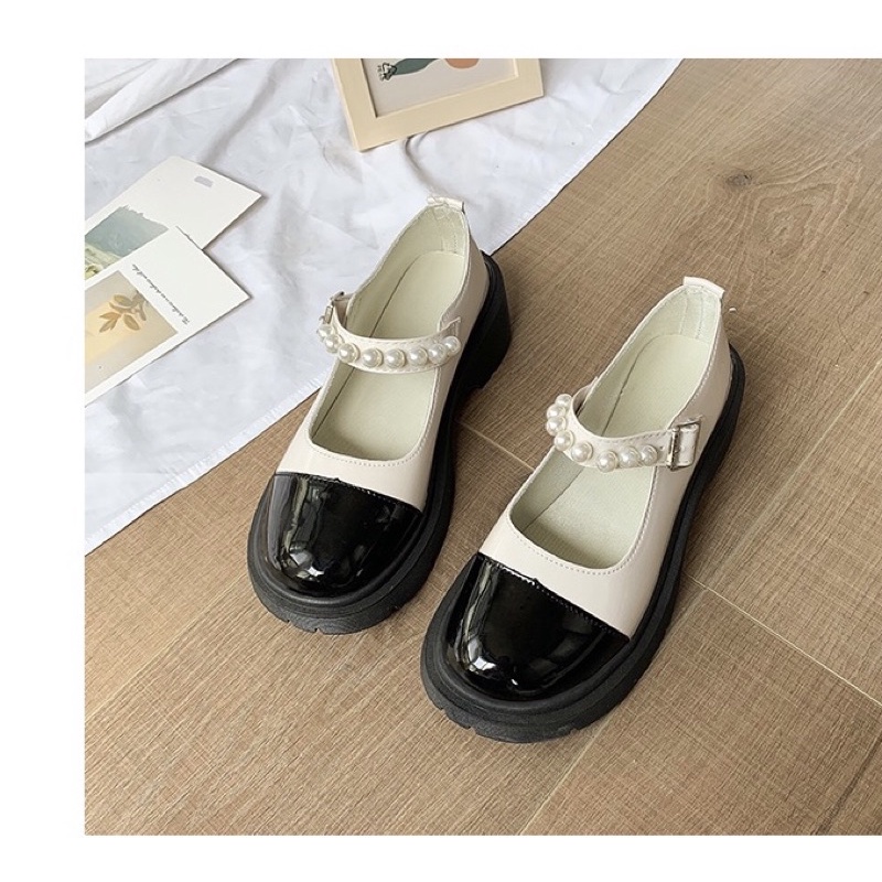 Giày Lolita quai ngọc da mềm,giày búp bê phong cách ulzzang đế cao 3-5P