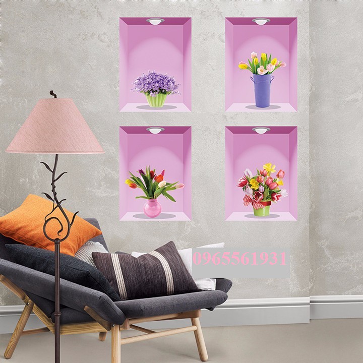 Decal dán tường 4 ô cửa hồng