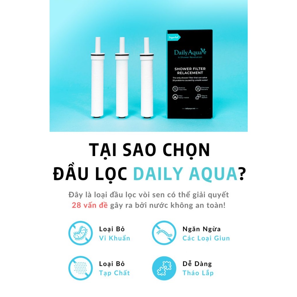 Lõi lọc nước Vòi sen DAILY AQUA - Gồm 3 lõi lọc nước tắm - Lọc sạch vi khuẩn, cặn bẩn