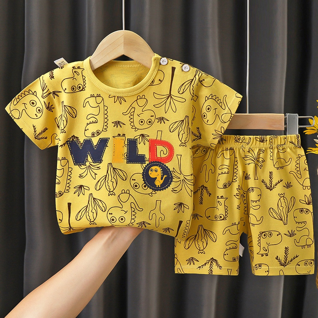 Bộ Áo Thun Cotton Ngắn Tay In Hoạt Hình Phối Quần Short Kiểu Hàn Quốc Thời Trang Mùa Hè Cho Bé