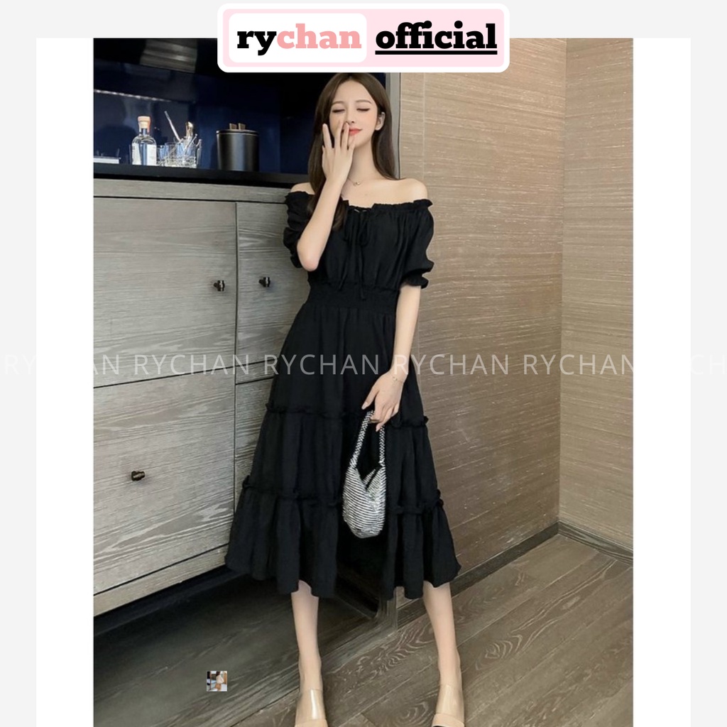 Đầm Xòe Midi Đen Trễ Vai Thắt Nơ Ngực - DX0052