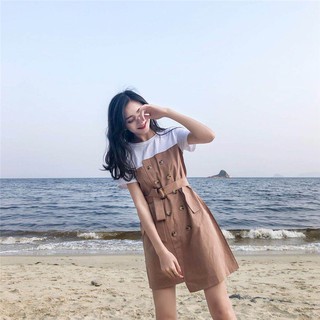 ORDER Đầm kate phối áo thun trắng kèm đai