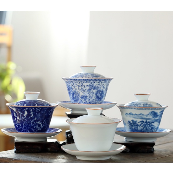 Chén trà gốm sứ cao cấp có nắp đậy Trung cổ