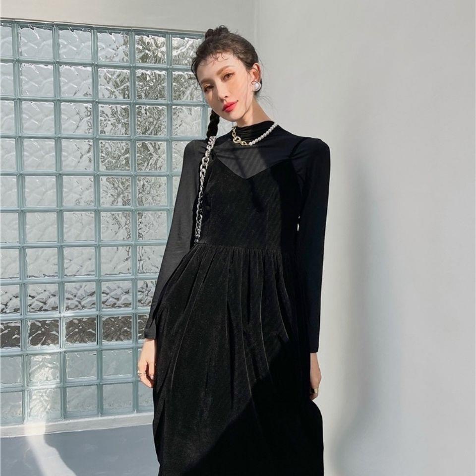 Đầm nhung hai dây màu đen đính nơ phong cách Retro Pháp thanh lịch cho nữ