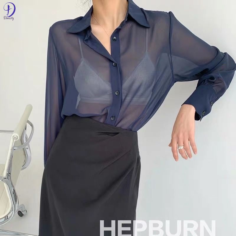 Áo Sơ Mi Chiffon Mỏng Xuyên Thấu Tay Dài Cổ Bẻ Thoáng Khí Chống Nắng Thời Trang Cho Nữ